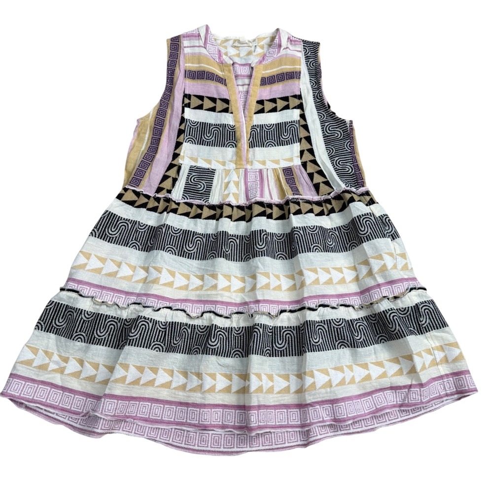 Elan Geometric Tribal Print Tiered Mini Dress Women Size M Boho Tribal Ruffled